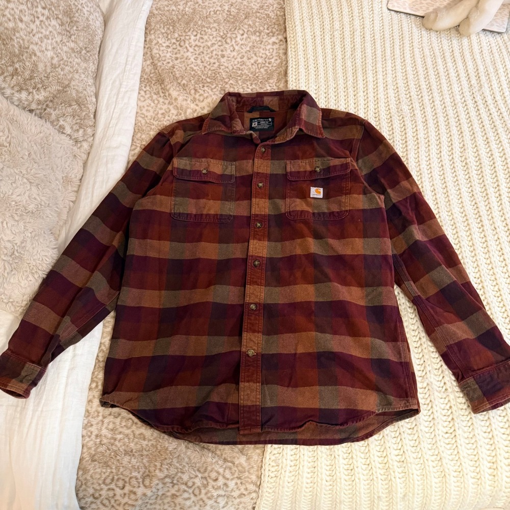 Carhartt Mens Loose Fit Plaid Flannel Button Down Shirt Red Brown Medium 105078 - Picture 3 of 5